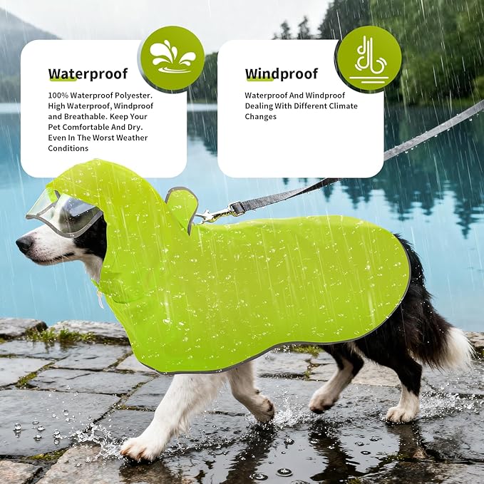 Dog Raincoat, Waterproof Windproof Dog Rain Jacket with Hood, Rain Coat with Leash Hole, Adjustable Raincoat Poncho for Small Medium Large Dogs Outdoor (Neon Yellow, M-)