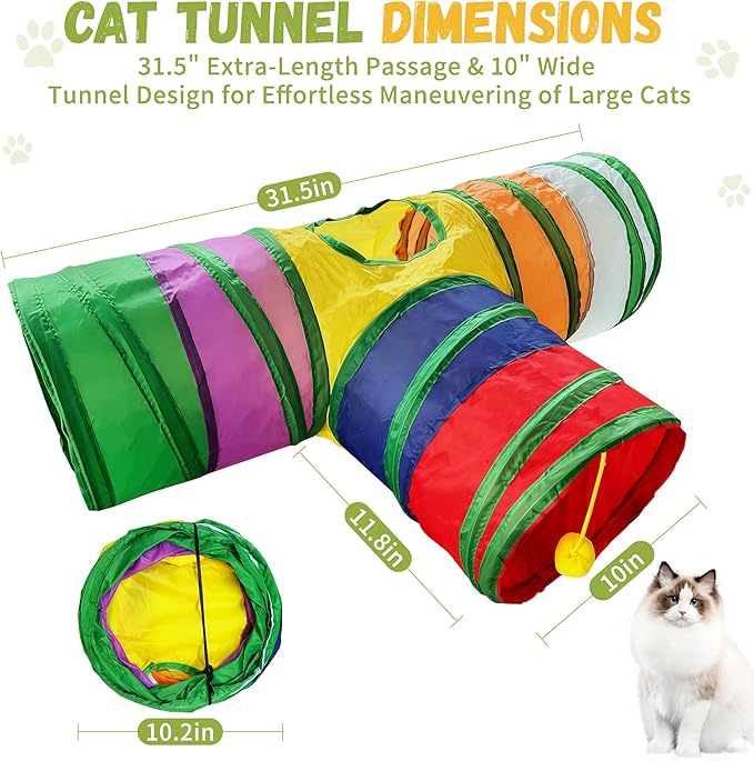 Cat Tunnel,Cat Tunnels for Indoor Cats Interactive, Pet Tunnel Toys for Cats Kitten Rabbits,3 Way Collapsible,Rainbow L 32" T Shape