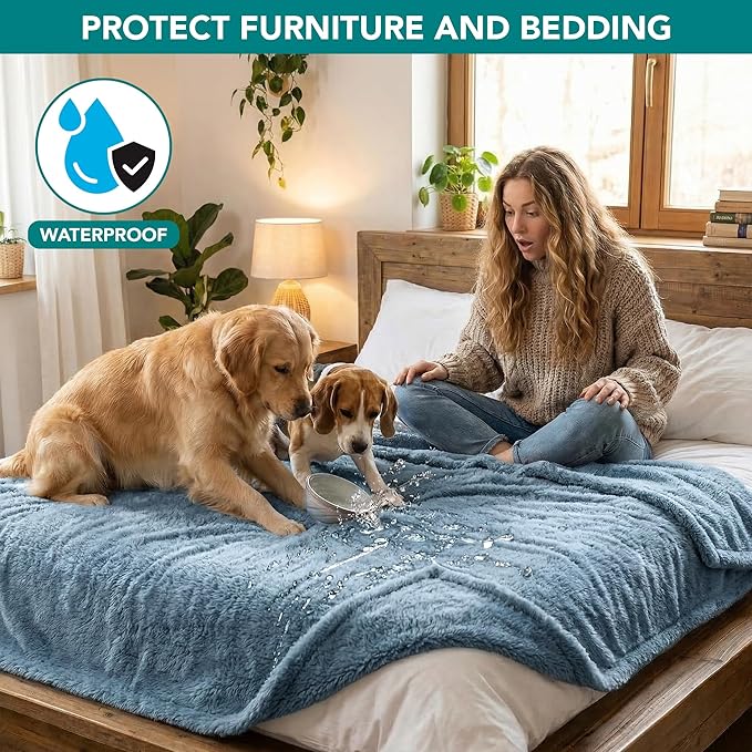 PetAmi Fluffy Waterproof Dog Blanket for Couch and Bed, Reversible Sherpa Pet Throw, Pee Proof Furniture Protector Sofa Cover, Washable Cat Blanket for Medium Large Dogs and Cats (Dusty Blue, 40x60)