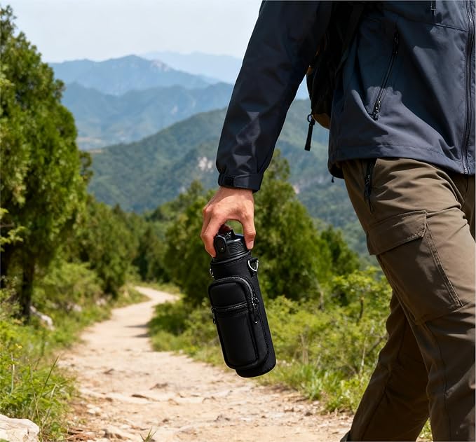 Water Bottle Holder with Strap, Insulated Crossbody Sling Bag, Carrier with Phone Pocket for Walking Hiking Camping Fishing
