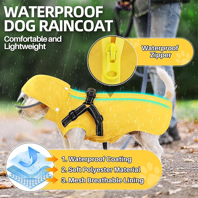 SlowTon Dog Raincoat Waterproof - Dog Rain Jacket with Harness and Hood Lightweight, Reflective Dogs Rain Coat for Large Medium Small Dogs Pet Clothes (Y, L)