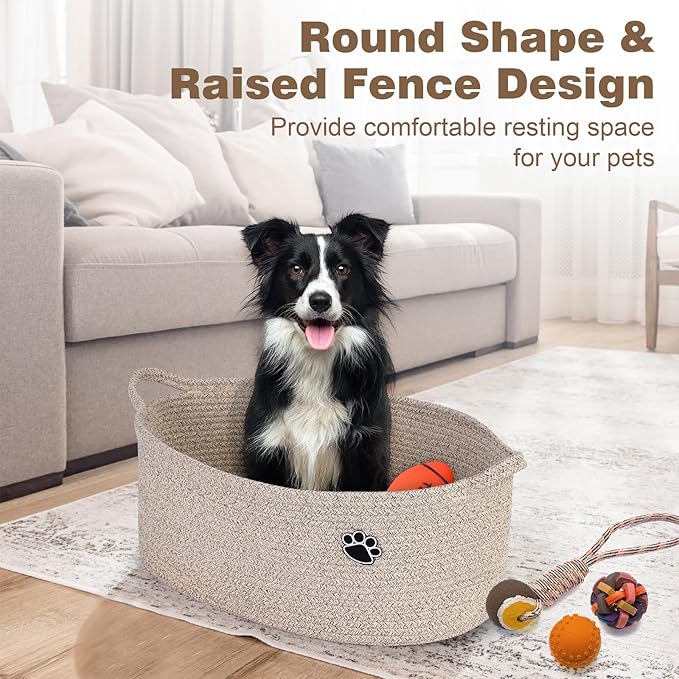 Optish Dog Toy Basket, Toy Storage Box and Bin with Handles, 19.7" X 11" X 7.9" (30L) Large Woven Rope Basket for Blankets, Living Room, Bedroom, Brown