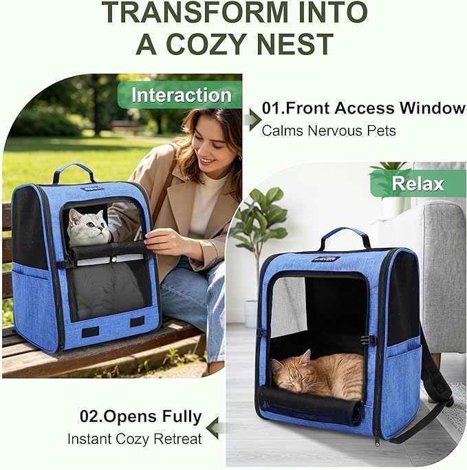 Cat Backpack Carrier with Ventilation Mesh and Safety Leash, Lightweight Dog Travel Backpack with Pockets, Reflective Strip, and Removable Mat,Hiking and Outdoor Use,Blue