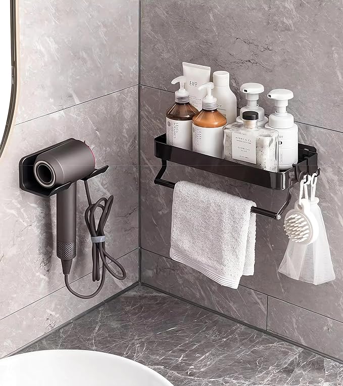 Universal Hair Dryer Holder, Blow Dryer Hanger Wall Mount for Hair Dryer Hook with Plug&Cord Organizer Self Adhesive for Cabinet Bathroom(1 Pack Black)