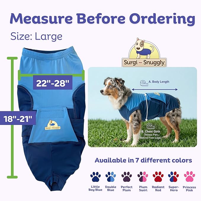 Surgi Snuggly Dog Surgery Recovery Suit - Dog Onesie for Post Surgery Recovery, Female Spay & Male Neuter - Surgical Suit for Dogs, E-Collar Cone Alternative, Double Blue - Large - 18" - 21" (EC)