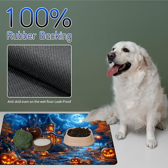 Dog Food Mat, 19.6" x 23.6" Absorbent Pet Feeding Mat for Food and Water, Waterproof Diatom Mud Pet Placemat with Non-Slip Rubber Backing, Cat Bowl Mat for Floors - Castle Maple Leaves