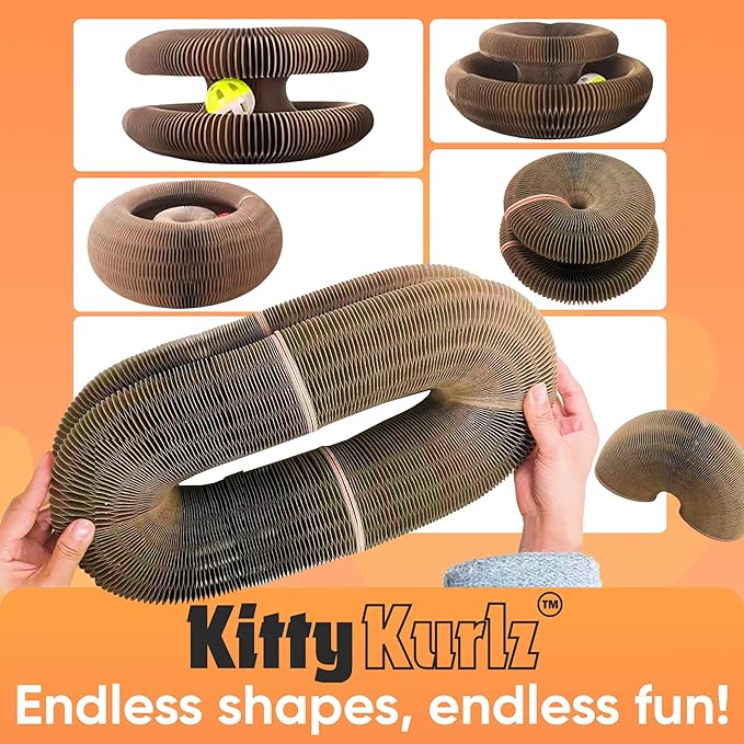 KITTY KURLZ Interactive Cat Toy with Rolling Ball, Shape-Shifting Cardboard Scratcher & Collapsible Scratch Pad Ring for Indoor Cats, Play, Lounge & Enrichment