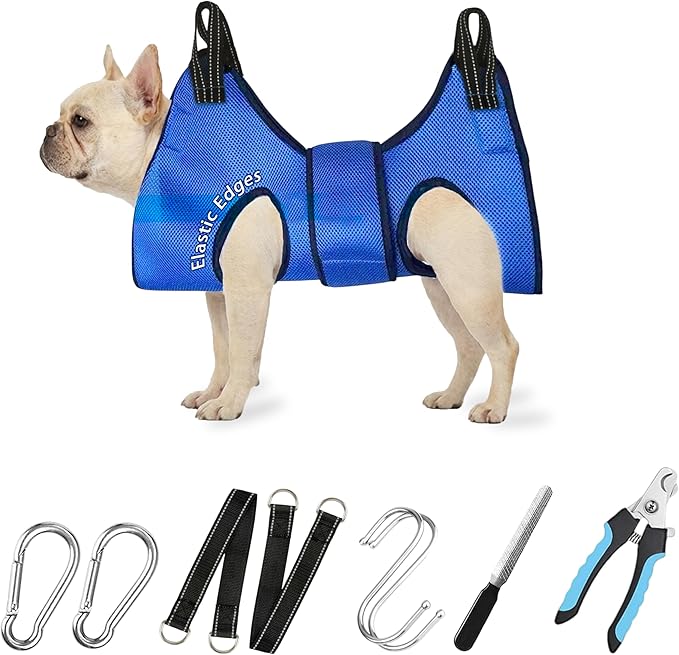 Dog Grooming Hammock Harness, with Elastic Leg Openings for a Flexible Fit, Dog Sling for Nail Trimming, Small Dogs Restraint Hanging Hanger Holder for Clipping Nails (Blue)