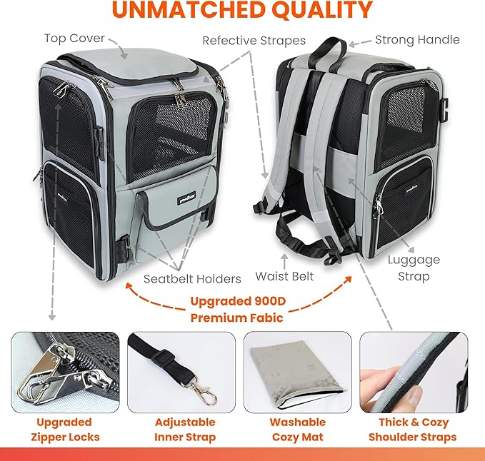 Crash-Tested Multi-Window Cat Backpack Carrier & Small Dog Car Seat | CPS Certified for Crash Protection & Safe Pet Travel | 4 Windows for Exploring, 4-Side Breathable, Zipper Lock, Foldable