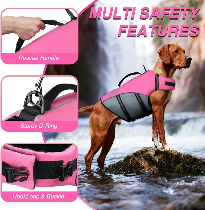 VIVAGLORY Sports Style Dog Life Jacket with Adjustable & Durable, Extra Flotation Swim Life Vest with Secure Fastening System for Large Dogs, Pink