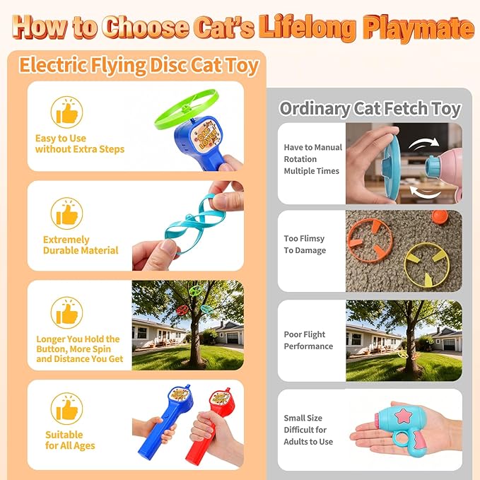 BABORUI Cat Toy Disc Launcher, Rechargeable Interactive Cat Fetch Toy Launcher with 8 Flying Discs, Flying Enrichment Toys for Indoor Bored Kittens & Adult Cats (Blue-1)