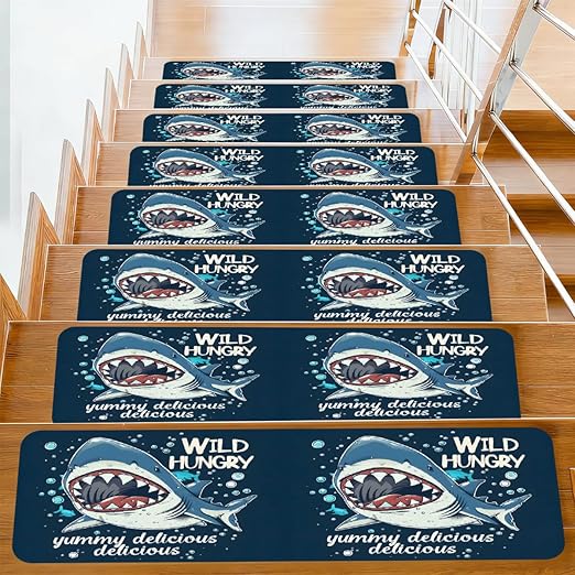 Animal Cartoon Shark Cute Stair Treads for Wooden Steps Indoor Washable Staircase Carpet 1PCS 30"x7.8" Stair Step Treads Non-Slip Staircase Covers Peel and Stick Safety Mat for Kids Elders Pets