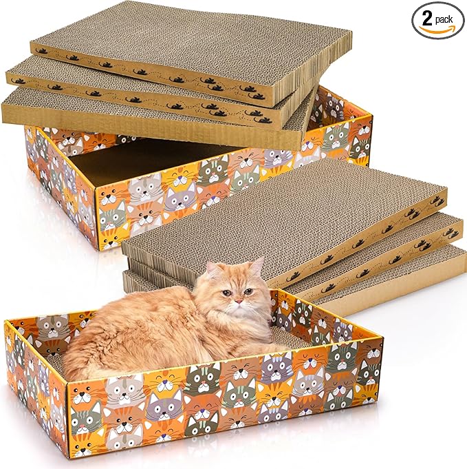 Pumtus Set of 2 Cat Scratching Boxes, 17x10 in 6 Pcs Corrugated Cardboard Pad with 2 Boxes, Large Cute Reversible Kitty Sofa Bed, Refillable Wave Shaped Lounge, Interactive Kitten Toy for Indoor Cat