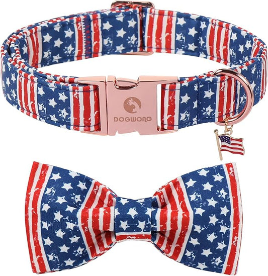 4th of July American Flag Dog Collar, DOGWONG Red Blue Bow Dog Collars with Metal Adjustable Buckle, Comfortable Independence Day Dogs Collars for Small Dogs