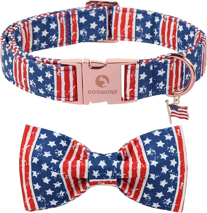 4th of July American Flag Dog Collar, DOGWONG Red Blue Bow Dog Collars with Metal Adjustable Buckle, Comfortable Independence Day Dogs Collars for Large Dogs