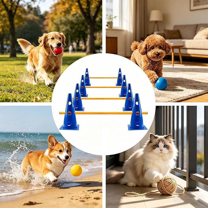 Dog Agility Course - Hurdle Cone Buckets, Dog Agility Equipment, Hurdle Cones Obstacle with Yellow Poles for Training & Fitness | Pet Training Obstacles for Puppy, Outdoor Garden, Backyard, Park