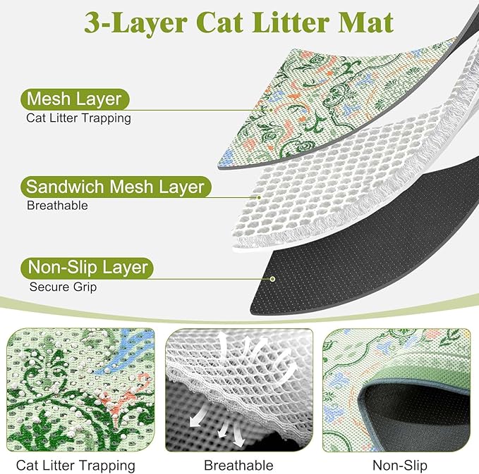 Unicorn Catcher 47X35in Cat Litter Mat Machine Washable Soft 3D Air Mesh Litter Box Rug Non-Slip Backing Quick Dry Scatter Control for Paws,Bean Green