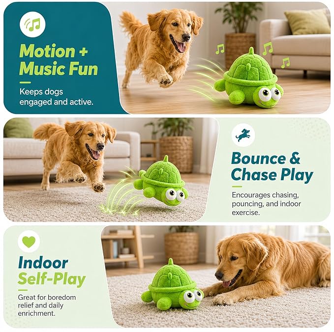 Interactive Dog Toys, Moving Turtle Dog Toy with Bouncing Ball & Music, Rechargeable Plush Dog Toy for Small Medium Large Dogs, Automatic Self Play Dog Toy to Keep Dogs Busy for Indoor Outdoor Play