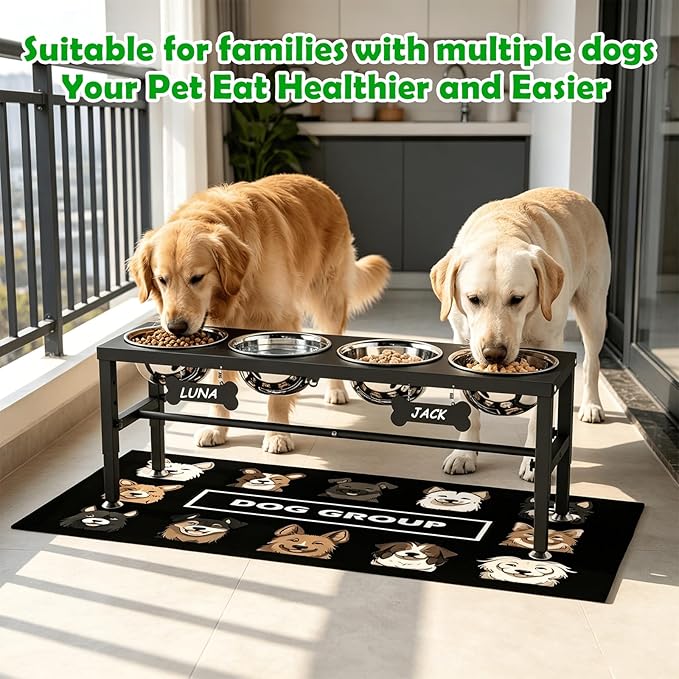 SHAINFUN Adjustable Height Dog Bowl Stand with 4 Bowls for Multi-Dog Homes– Elevated Dog Bowls for Large Breeds with Anti-Slip Mat, Raised Feeding Station with Stainless Steel Bowls