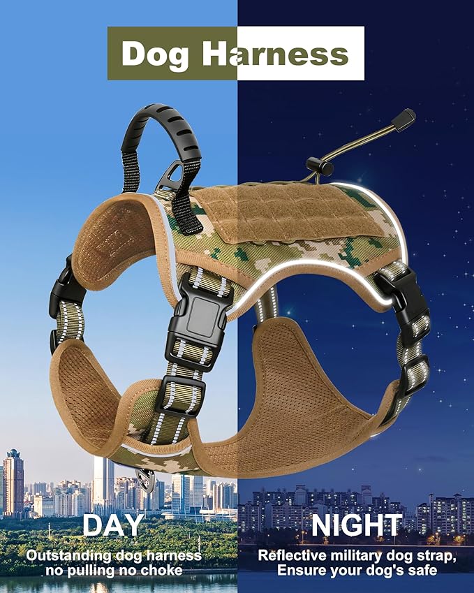 Hotsky Tactical Dog Harness No Pull，Adjustable Service Dog Vest Reflective Military Pet Harness with Control Handle Molle Loop Panels for Training Walking Running(Army Camo, XL)