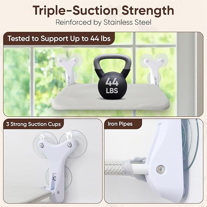 Cordless Cat Window Perch, Foldable Window Hammock with 6 Strong Suction Cups, Window Cat Bed for Indoor Cats