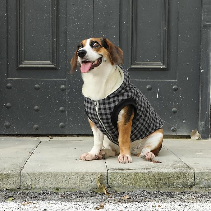 Vecomfy Fleece Lining Dog Hoodie for Medium Dogs Extra Warm Plaid Sweater with Drawstring Hooded Coats in Winter Doggie Jacket,Black L