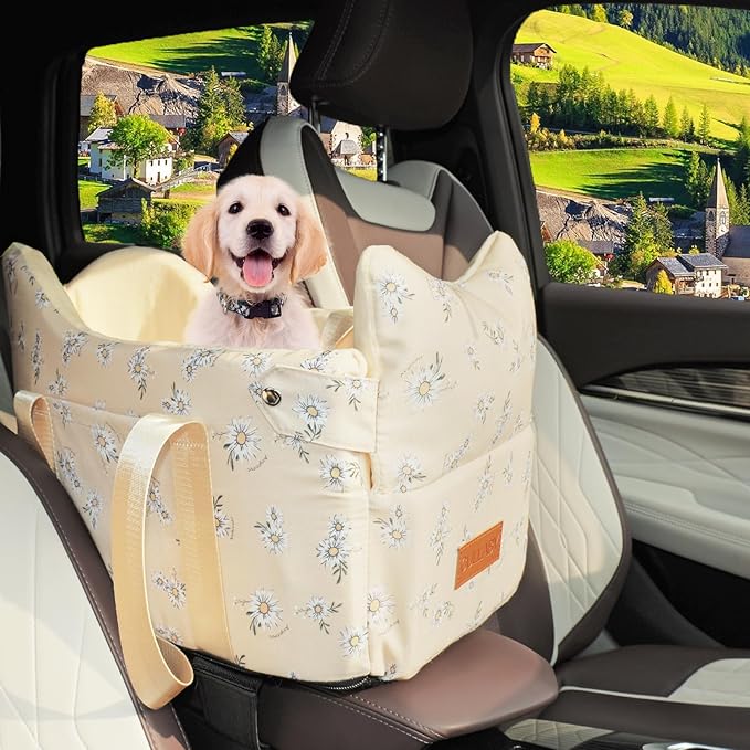 Center Console Small Dog Car Seat Portable Puppy Booster Armrest Carseat, Anti-Collapse Comfort Car Travel with Washable Fluffy Cushion and Pillow (Yellow, Fits Dogs up to 15 lbs)