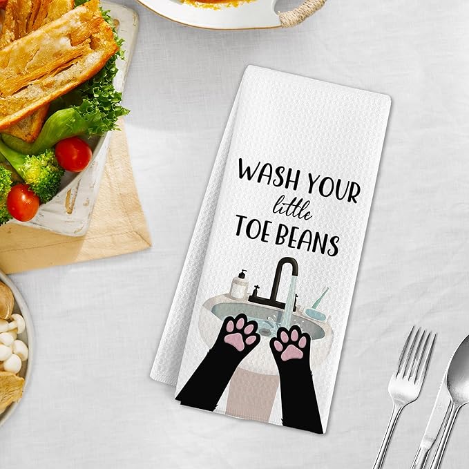 Funny Cat Paws Hand Towels for Bathroom, Wash Your Little Toe Beans Decorative Hand Towels, Cats Themed Dish Tea Towel for Kitchen Bathroom Decor, Cats Lover Gifts for Women Men, 16x24 Inch