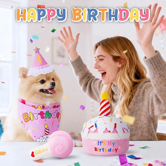 KIPRITII Dog Birthday Party Supplies – Pink Dog Squeak Toys, Birthday Bandana & Hat for Small Dogs, Interactive Puppy Plush Toys to Relieve Boredom