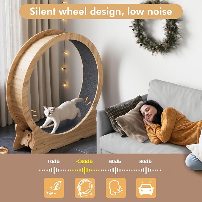 Mondeer Cat Exercise Wheel, 46'' Cat Wheel for Indoor Cats with Carpeted Runway, XL Treadmill with Removable Carpet and Teaser, for Running Walking Training (Natural Wood)