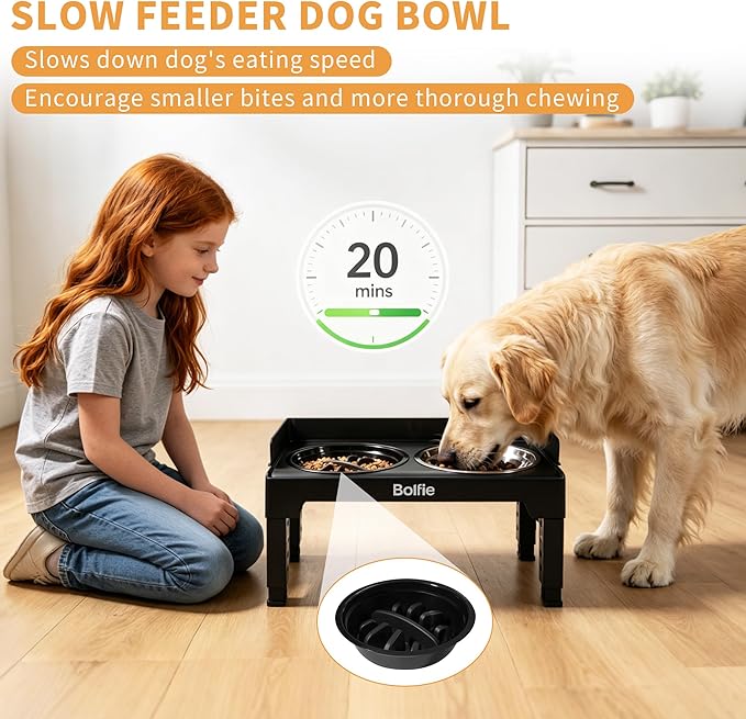 Elevated Dog Bowls for Small Medium Large Dogs 5 Adjustable Heights, 2-in-1 Raised Dog Feeder with 2 Stainless Steel Bowls & Slow Feeder, No Spill Pet Food Water Bowl Stand with Non-Slip Base