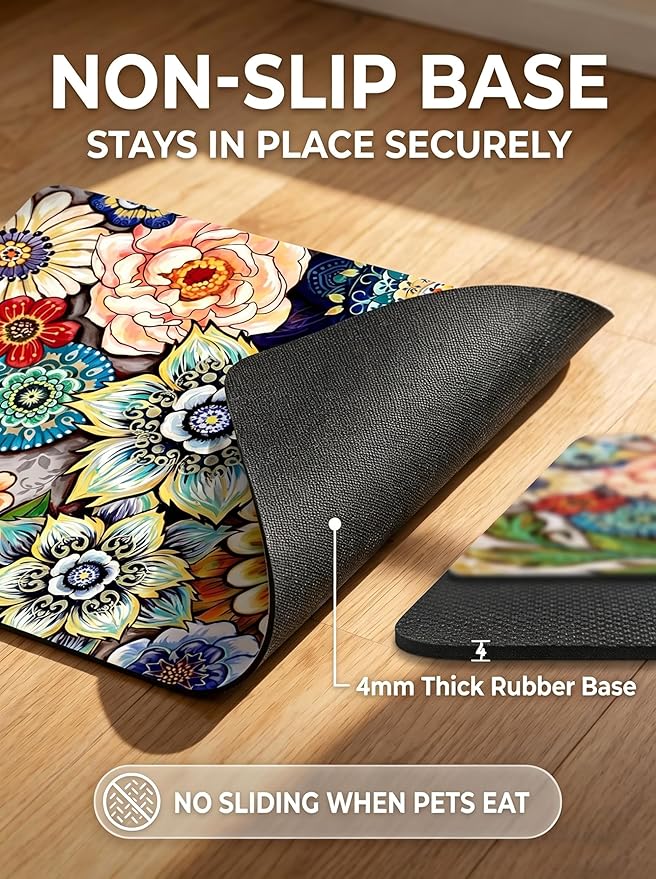 Rnivvi Dog Food Mat, 12" x 19" Flower Absorbent Dog Cat Bowl Mat for Food and Water, Cute Anti-Slip Rubber Pet Feeding Rug Protect Floors, Puppy Placemat for Feeding & Watering Supplies,Mandala Floral