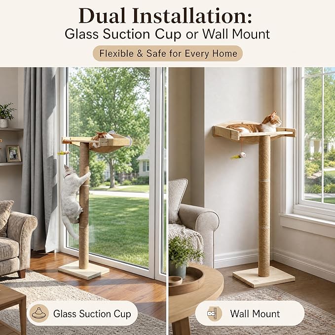 Cat Window Perch with Tall Scratching Posts, Inside 46" Climbing Tree Hammmock Mounted with Suction Cups for Sleeping,Playing and Watching Birds