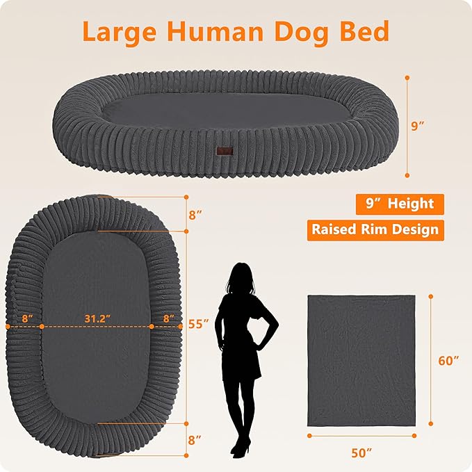 Human Dog Bed for Adult, Reversible Orthopedic Gel Memory Foam Cushion, Washable Corduroy Fleece, Plump Edge with Blanket, Storage Pocket, Strap, 71"x47.2"x9", Extra Large, Dark Grey