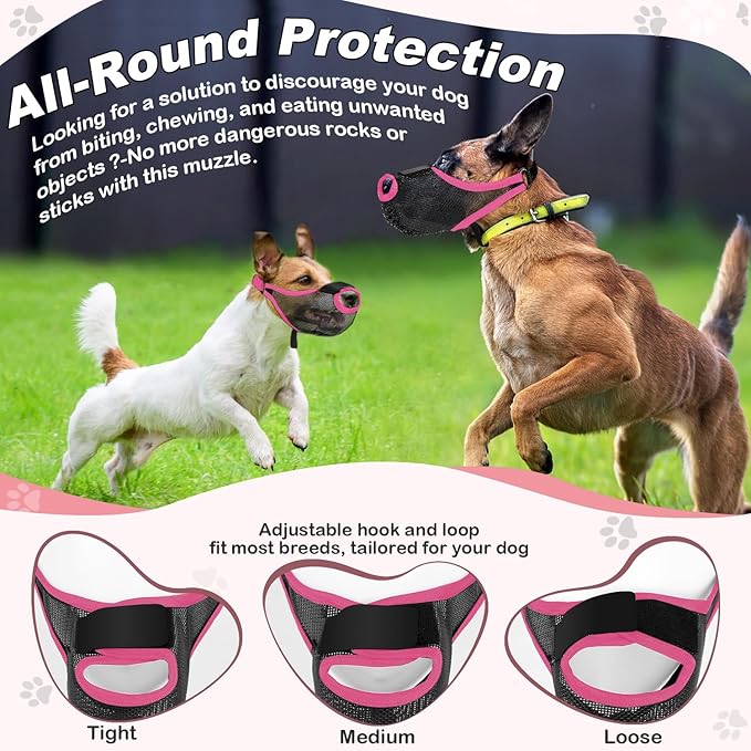 Dog Muzzle with Front Opening for Training and Treats, Breathable Air Mesh Muzzle for Biting Chewing Scavenging, Soft Lightweight Adjustable Mouth Guard for Small Medium Large Dogs (Pink, XL)