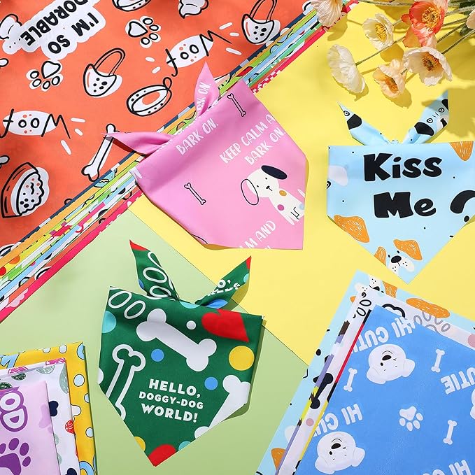 Sweetude 100 Pcs Plaid Dog Bandanas Bulk Paw Print Dog Scarf Bibs Puppy Pet Bandanas with Captions Adjustable Cat Outfit Washable Triangle Scarf Kerchief for Small to Medium(Vivid)