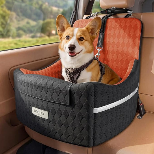 Doglike Dog Car Seat for Small Dogs [2026 Ultimate Comfort & Safety], 5" Memory Foam Pet Booster Seats Up to 35 lbs with Detachable Washable Cover, Travel-Safe Car Bed with Puppy Safety Belt, Brown