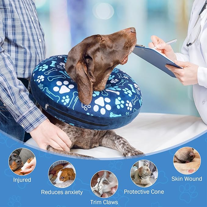 SCENEREAL Dog Cone Alternative After Surgery Donut Collar, Soft Pet Recovery Pillow Collar for Medium Large Dogs, Inflatable Adjustable Neck Collars to Prevent Licking, Blue Footprints S