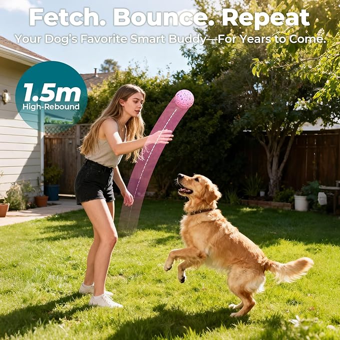 KITPLUS Smart Interactive Dog Toy Ball - Automatic Moving, Bouncing & Rolling, 3 Play Modes, Chew-Proof E-TPU, Waterproof, USB Rechargeable, Active Pet Ball for Medium & Large Dogs, Pink