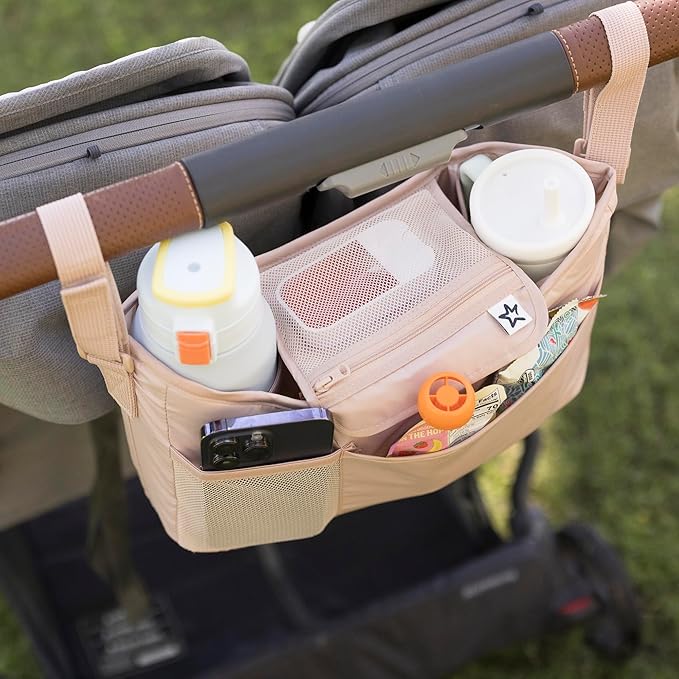 Tiny Twinkle Universal Stroller Organizer with Adjustable Strap | Waterproof Stroller Caddy Fits Baby Jogger, Nuna, Graco, Donna and Bugaboo Strollers (Beige Checkers）