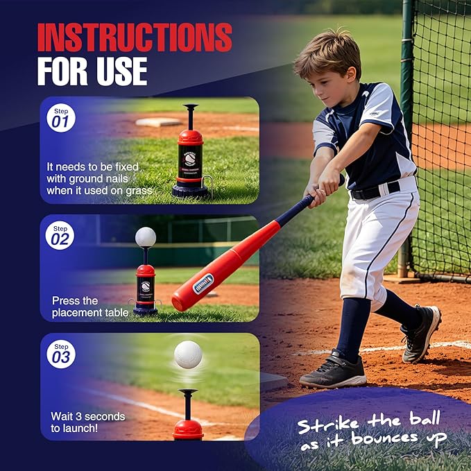 RedSwing Baseball Tee Popper – Pop-Up Baseball Trainer for Beginners, Self-Pitching Hitting Tee with Bat & 3 Balls, Portable Automatic Ball Launcher for Backyard Batting Practice