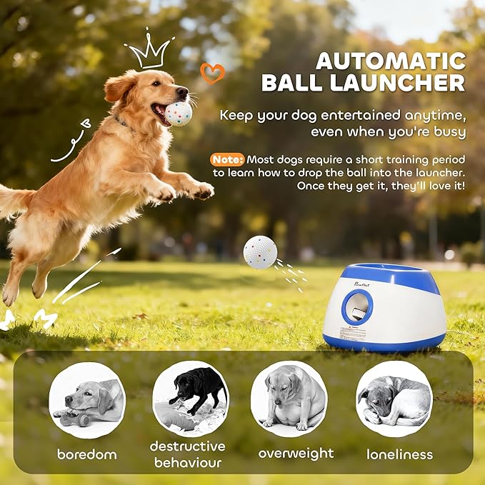 PawHut Automatic Dog Ball Launcher, Rechargeable Dog Ball Thrower with Remote Control, 3 Adjustable Distance (39ft/59ft/78ft), 6 ETPU Tennis Fetch Toys 2.5", for Medium Large Breeds, Blue