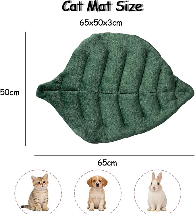 Self Warming Cat Bed 26''×20‘’ Leaf Shaped Soft Flannel Cotton Pet Mat Blanket Dog Mat for Indoor Bed Couch Sofa Floors Cat and Dog (Green)