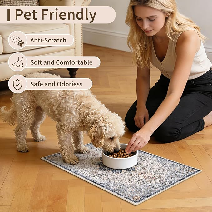 Boho Dog Feeding Mat, Absorbent Cat Matt for Food, Non Slip Pet Water Bowl Placemat Small for Floor, Cream & Blue & Terracotta Indoor Dog Eating Dish Mat 12"x20"