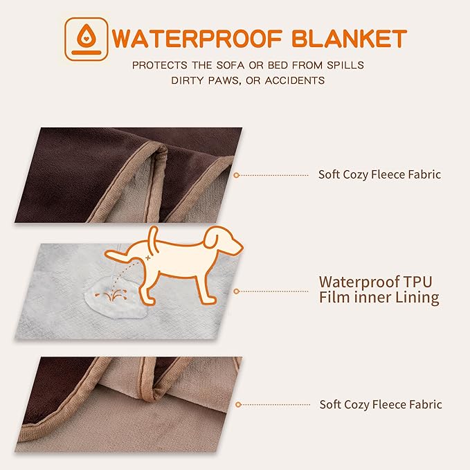 Waterproof Dog Blankets Pet Blanket 50"x60", Soft Fluffy Sofa Car Bed Protector, Reversible Leakproof Flannel Dog Blanket for Large Dogs(Brown)