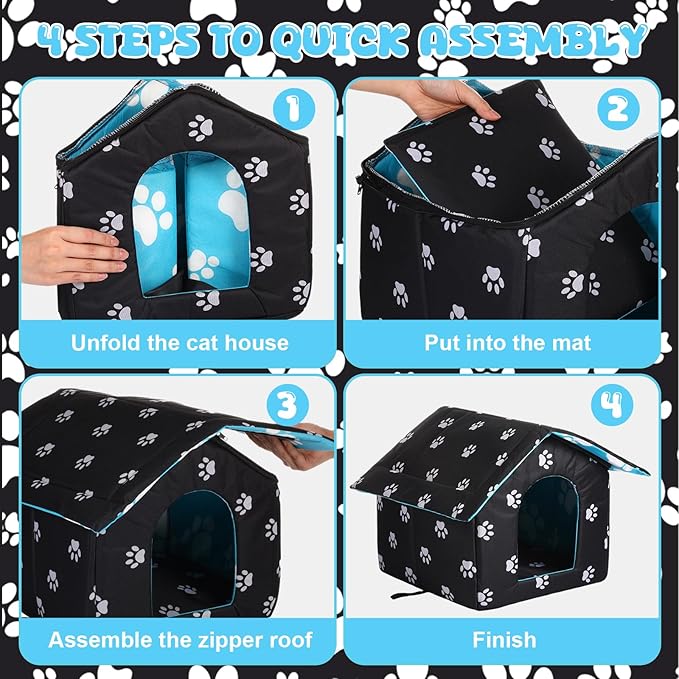 Outdoor Waterproof Cat House Stray Pet Outdoor Houses for Feral Shelter for Cats Dog Collapsible Pet Shelter with Self Warming Pad Blanket, 3 Pcs Tent Stakes(M Size)