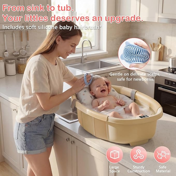 Collapsible Baby Bathtub - Large Baby Bath Tub with Thermometer | Bath Essential Bañera para Bebe Easy Fold Baby Tub | Travel Infant Newborn Toddler Bathtub for Baby Girl Boy 0 to 36 Months(Khaki)