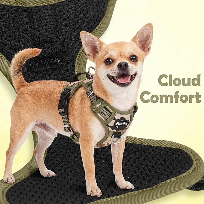Funfox Dog Harness No Pull, Adjustable Pet Vest Harness, Super Soft Material with Vertical Handle Easy Control, Reflective Night Walking, 2 Leash Clips for Medium Sized Dogs, Camo Green, M