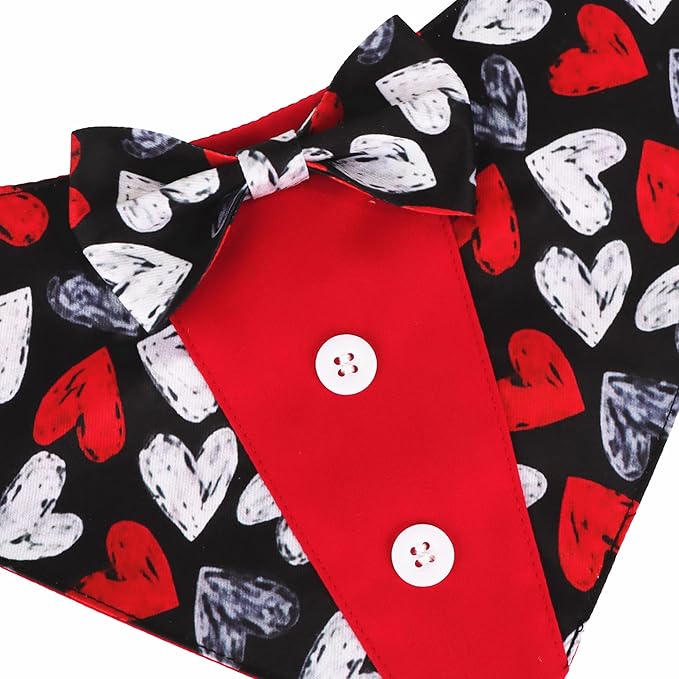 ADOGGYGO Valentine Dog Tuxedo, Red Black Heart Pet Bowtie Collar, Adjustable Valentine Bandana for Extra Small Dogs Cats (XS)