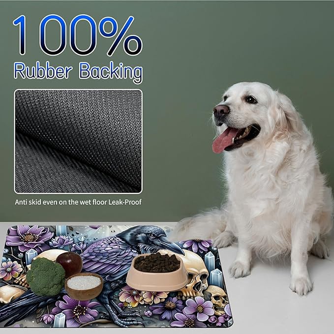 Dog Food Mat, 19.6" x 23.6" Absorbent Pet Feeding Mat for Food and Water, Waterproof Diatom Mud Pet Placemat with Non-Slip Rubber Backing, Cat Bowl Mat for Floors - Purple Flower Eagle
